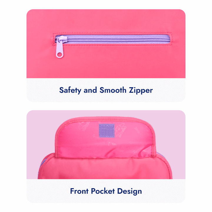 Image of Kids Lunch Bag's  back with a zipper pocket for keeping keys, phone, wallet ect. One front pocket with linking tape is perfect for hiding a surprise dessert!