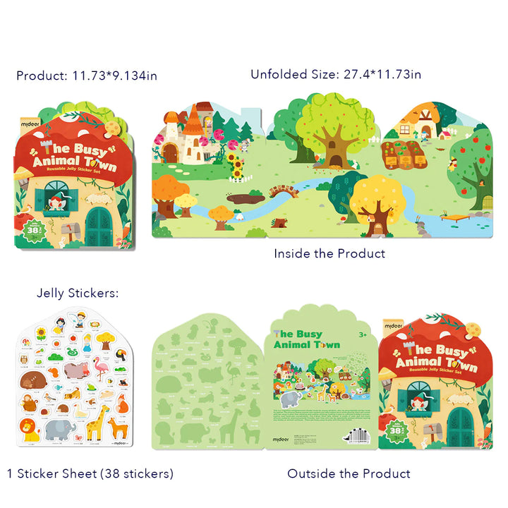 Image of Busy Animal Town Sticker Set. Kids can explore a vibrant and bustling town inhabited by charming animal characters.