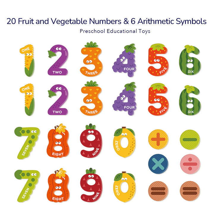 Image of Number Magnets 26P, preschool educational toys. The pack includes 20 fruit and vegetable numbers and 5 artithmetic symbols.