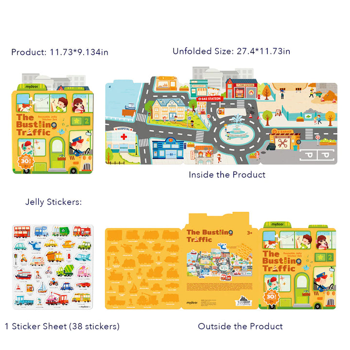 Image of Jelly Sticker Set. "The Bustling Traffic" features a wide variety of colorful stickers depicting different vehicles and transportation scenes.