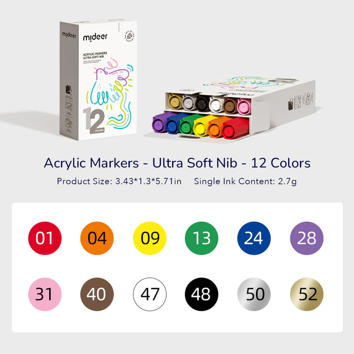 Image of Acrylic Markers in 12 colors, a wide spectrum of colors, enriching details and depth, suitable for professional and advanced artistry.