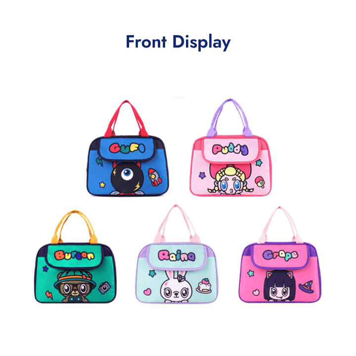 Image of Kids Lunch Bags front display: Five Color and theme options available