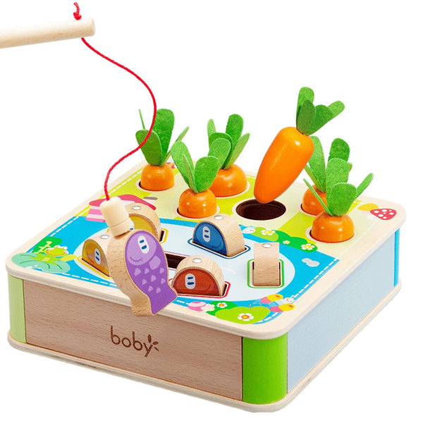 2 in 1 Wooden Playset: Magnetic Fishing & Carrot Pulling Game